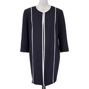 Nicolette Jacket Womens 12 Navy Blue White Trim Long Blazer Lined Career Office